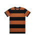 A striped t-shirt featuring wide black and orange stripes, with a round neckline and short sleeves.