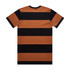 A t-shirt featuring wide horizontal stripes in orange and black. The back displays the stripe pattern.