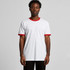 A white t-shirt with red ringer sleeves, featuring a logo on the front.
