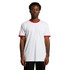 A white t-shirt with red ringer sleeves and neck trim. It features a logo on the chest area.