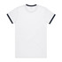 A white T-shirt featuring a navy blue trim around the collar and sleeves, with a logo present.