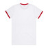 A white T-shirt with red trim around the collar and sleeves, featuring a logo on the back.