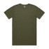 An olive green T-shirt with a classic round neck and short sleeves, featuring a logo on the side.