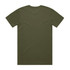A plain olive green T-shirt with a crew neck and short sleeves, featuring a logo on the back.