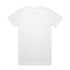 A plain white t-shirt displayed flat, featuring a standard crew neckline and short sleeves. It has a logo on the back.