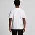 A plain white t-shirt with short sleeves, viewed from the back. It features a simple design and has a logo.