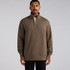 A man wearing a brown half zip crew jumper with long sleeves and a zipper collar. The product has a logo.