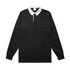 A black rugby jersey with a white collar and long sleeves, featuring a small front placket and a logo.