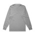 A grey rugby jersey with long sleeves and a white collar, featuring a logo on the back.