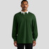 A long-sleeved rugby jersey in dark green with a white collar, featuring a subtle logo on the chest.
