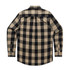 A button-up shirt with a black and beige checkered pattern, featuring a back yoke and long sleeves.
