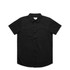A black short-sleeved work shirt featuring two chest pockets and a button-up front. It includes a logo.