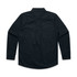 A black work shirt featuring long sleeves and a buttoned cuff, showing the back view. It has a logo on the fabric.