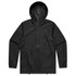 A black rain jacket with a hood, featuring a front zip and side pockets, also has a logo.