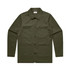 An olive green chore jacket featuring a collared neck and four front pockets. The jacket has a logo on the label.