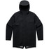 A black rain jacket with a hood, featuring pockets and a sleek design, includes a logo on the fabric.