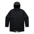 A black rain jacket with a hood, featuring a simple design and side pockets. It has a logo on the garment.