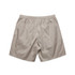 Khaki beach shorts with an elastic waistband, featuring back pockets and a simple design.