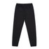 Black track pants with an elastic waistband and a single back pocket, featuring a logo on one side.