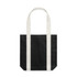A two-tone tote bag featuring black fabric with cream-coloured stripes and sturdy handles. It includes a logo.