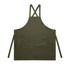 A solid olive green apron with cross-back straps and a front pocket. Features eyelets and ties for secure fastening.