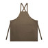 A brown apron featuring cross-back straps and a front pocket, equipped with tie straps.
