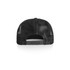 A black trucker cap featuring a mesh back and an adjustable strap, designed for casual wear.