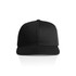 A black cap with a structured fit and a flat brim, featuring a logo on the front.