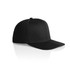 A black cap with a flat brim and a fitted design, featuring an exterior logo or branding.