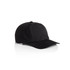 A black cap with a structured design and a curved brim, featuring a branding logo on the front.