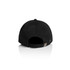 A black five panel cap with an adjustable strap at the back and a small logo on the side.