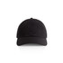 A black cap with a curved brim and a logo on the front, featuring a structured design and adjustable strap.