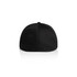 A black cap featuring a rounded design and an adjustable strap at the back, complete with a logo.