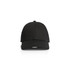 A black cap with a rounded peak and an adjustable strap at the back. It features a logo on the front.