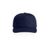 A navy blue cap with a flat peak and a structured crown, featuring a branding logo.
