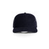 A navy blue trucker cap featuring a solid front and mesh sides, with a logo on the front panel.