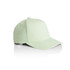 A light green cap with a structured design and a curved peak, featuring a branding logo.