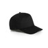A black soft cap with a curved brim and a branding logo, positioned at a slight angle.