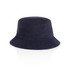 A navy terry bucket hat with a wide brim and soft texture, featuring a logo on the side.