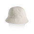 A beige bucket hat with a wide brim and stitched detailing, featuring a branding logo.