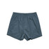 A pair of grey boxer shorts with an elastic waistband and loose fit, featuring a plain design.