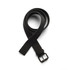 A black cotton webbing belt laid out flat, featuring a metal buckle and several adjustment holes.