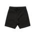 Black kids' sports shorts with an elastic waistband and drawstring, featuring a logo.