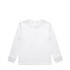 A long-sleeve white T-shirt with a simple design and a logo on the front.