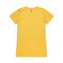A yellow T-shirt with a round neckline and short sleeves. The shirt features a logo on the label.