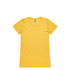 A yellow t-shirt with a scoop neckline and short sleeves, featuring a logo on the inside of the collar.