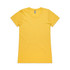 A yellow T-shirt with a round neckline, featuring short sleeves and a simple design, including a logo.