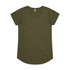 An olive green t-shirt with short sleeves and a round neckline, featuring a label and a logo.
