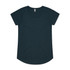 A dark teal women's t-shirt with short sleeves and a rounded hem, featuring a label.