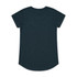 A dark teal T-shirt with a rounded hem and short sleeves, featuring a logo on the back.
